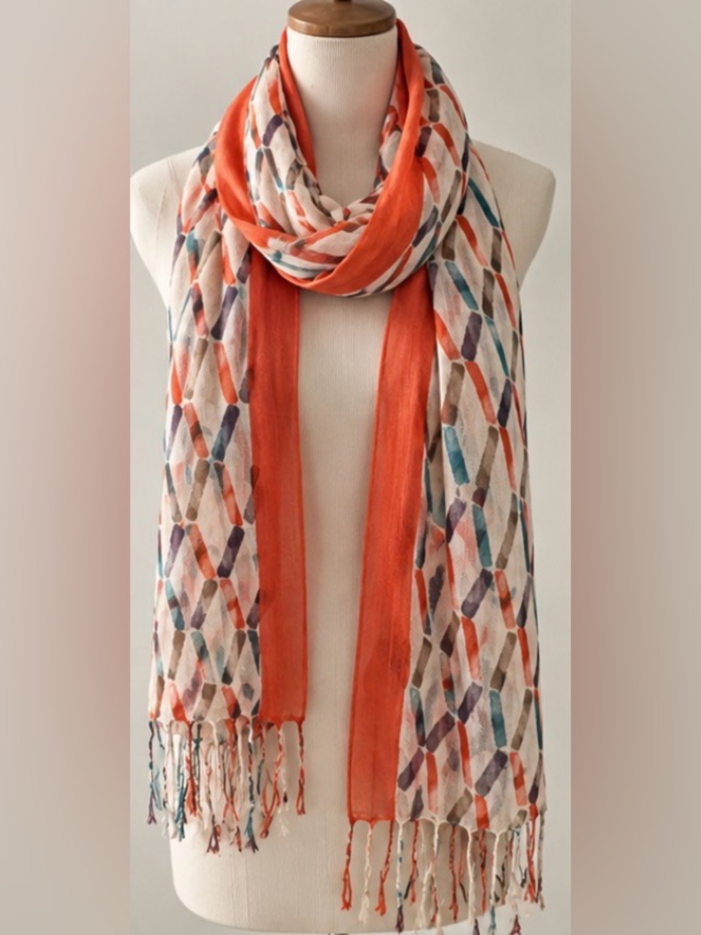 Coral Orange Multicolor Geometric Print Lightweight Fringe Scarf Wrap